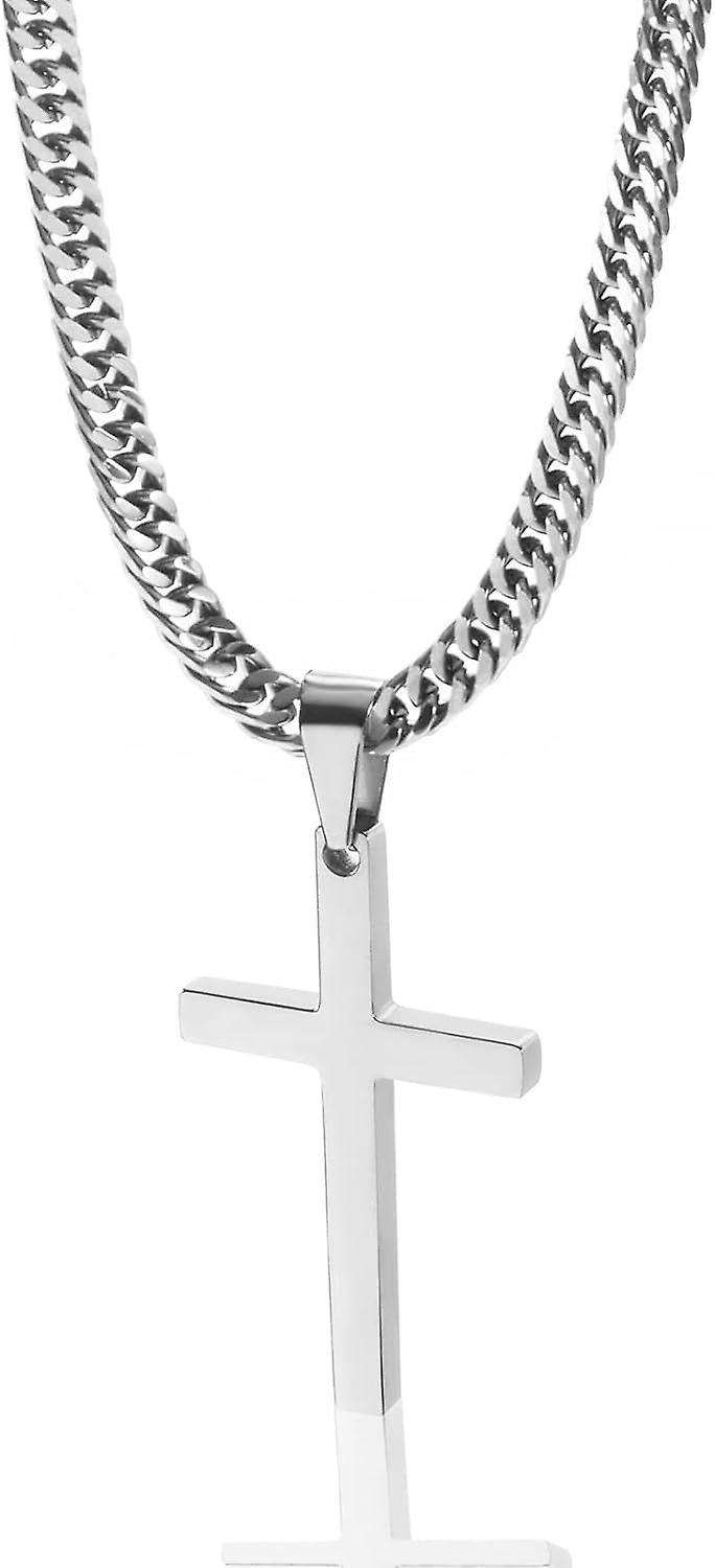 Morakot Cross Necklace for Men, Silver Gold Stainless Steel Plain Cross Pendant Necklace for Men Cuban Chain 18-26 Inch 18  Inches