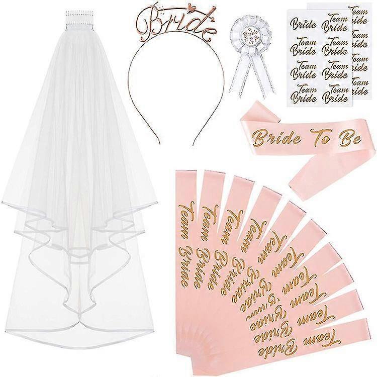 Zhiyi Bride To Be Team Set Bride To Be Sash & Headband Tiara & Shoulder Length Veil Bachelorette Party Supplies Bridal Shower