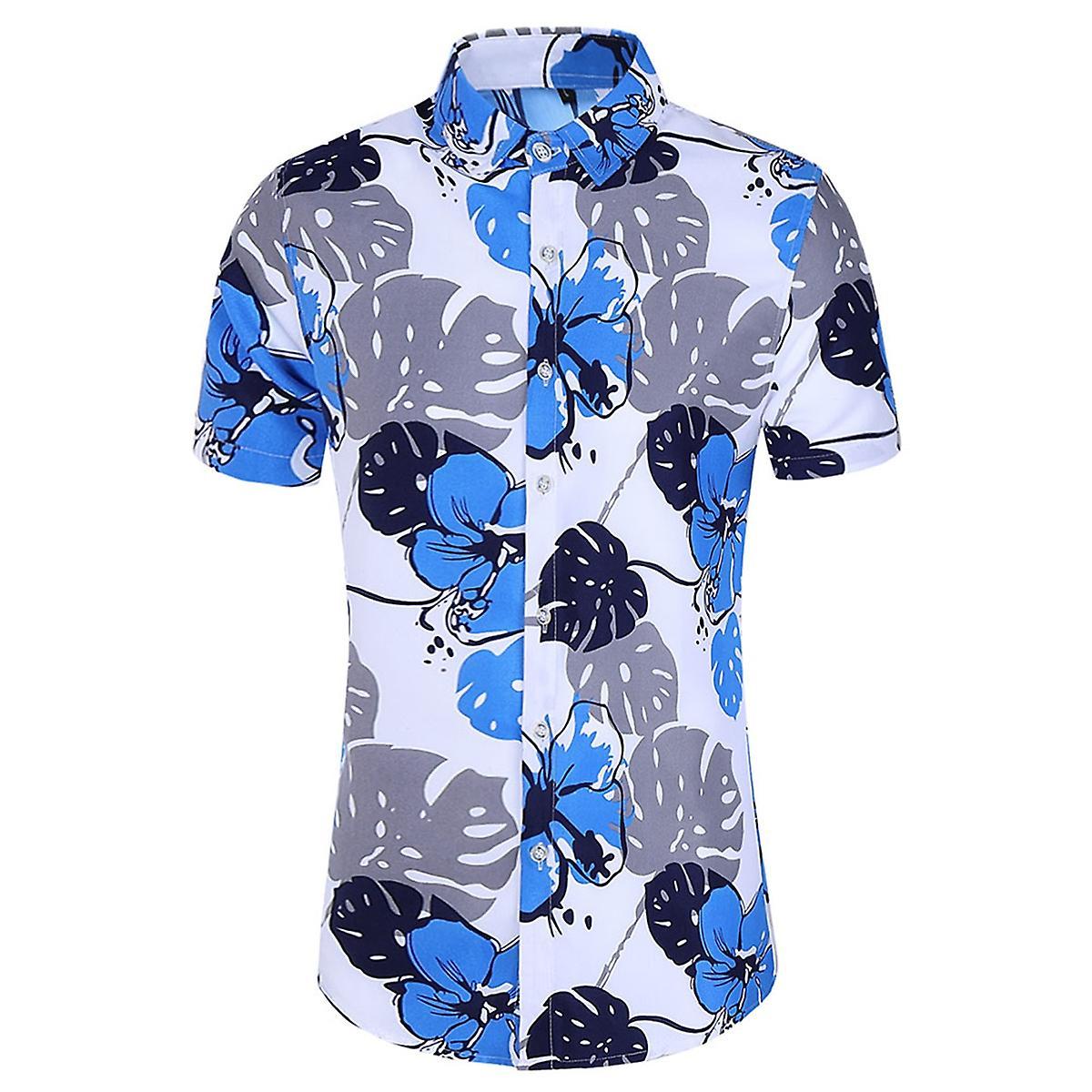 Allthemen Mens Casual Printed Loose Shirts Blue/Black/Grey 4XL