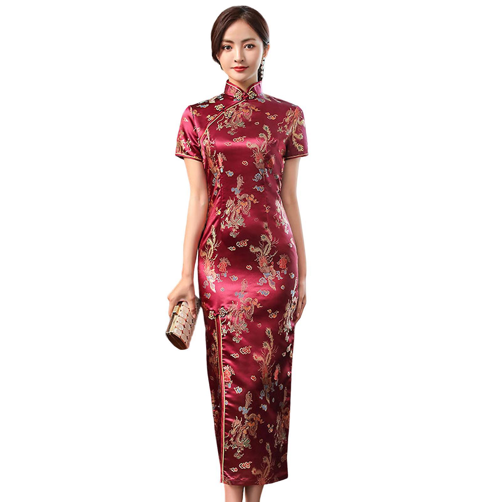 Fianao Mandarin Collar Short Sleeve Disc Buckles Lady Cheongsam Chinese Style Embroidery Dragon Phoenix Print Split Traditional Wedding Qipao Femal...