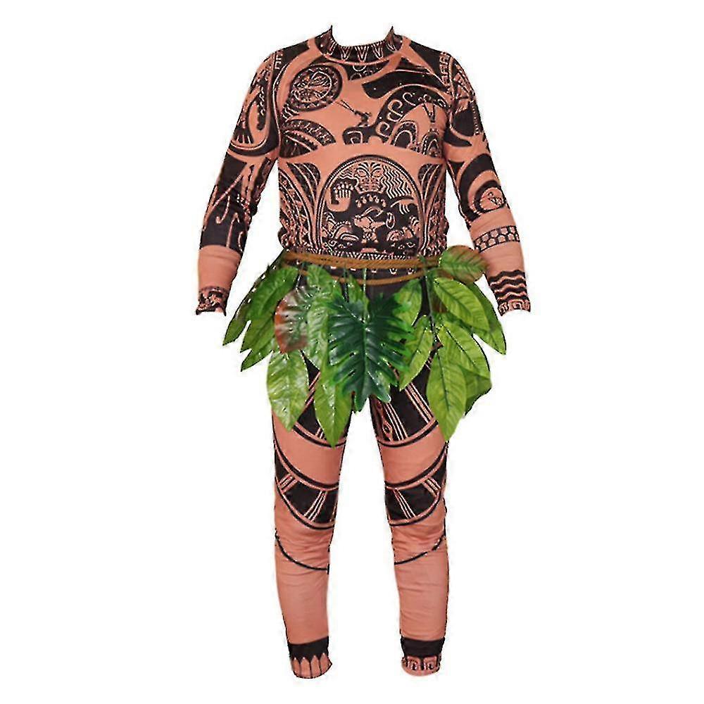 Tigernu halloween christmas Men Moana Maui Tattoo T-shirt + Pants + Leaf Belt Halloween Cosplay Party Costume Dress Up Outfits Gifts M