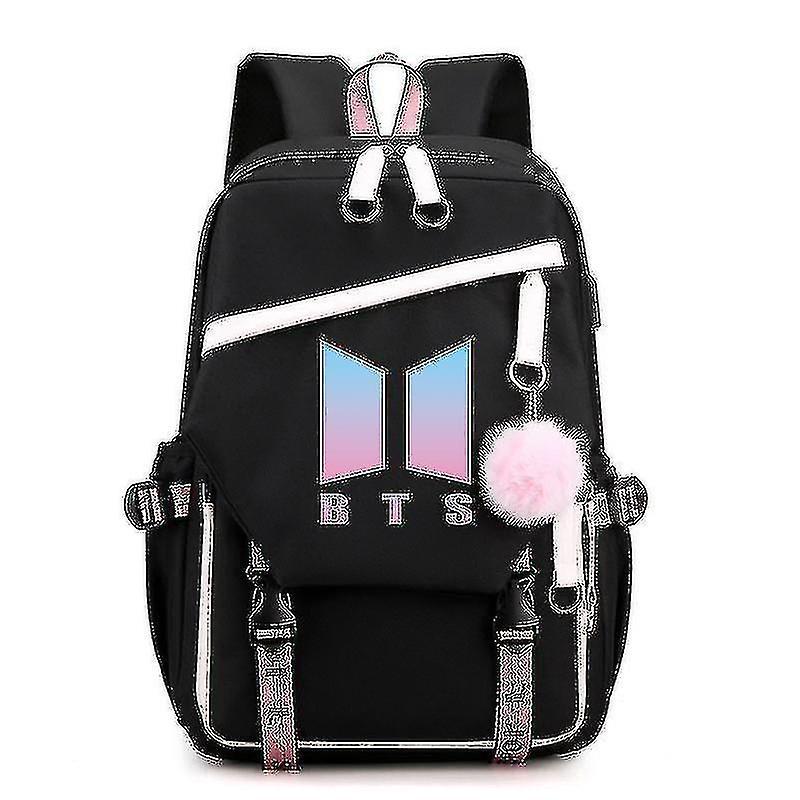 DUqi Bts   Youth Group Backpack Usb Charging Backpack Large Capacity Student School Bag black white