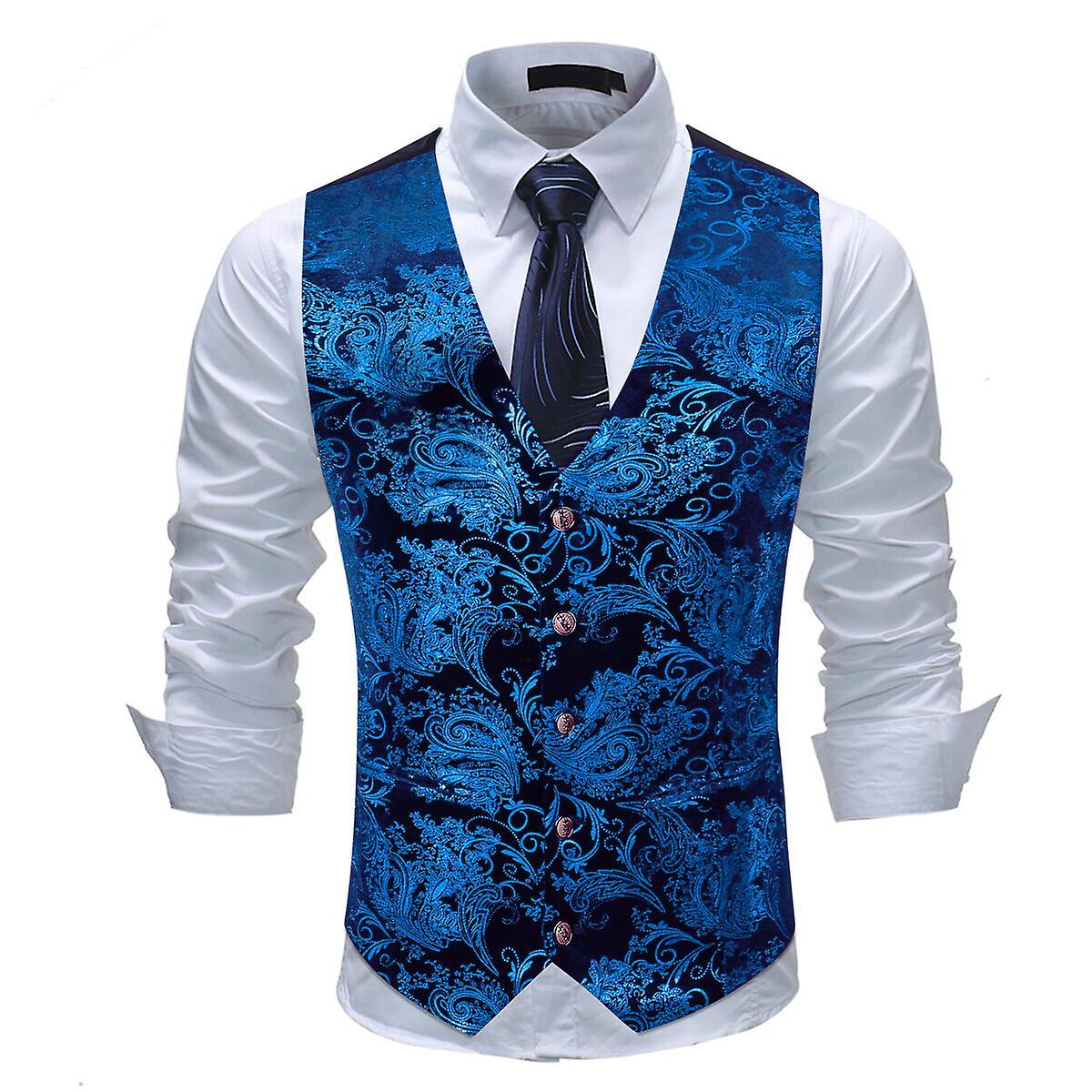 Sliktaa Mens Hipster Metallic Paisley Printed V-Neck Suit Vest Tuxedo Waistcoat Blue L