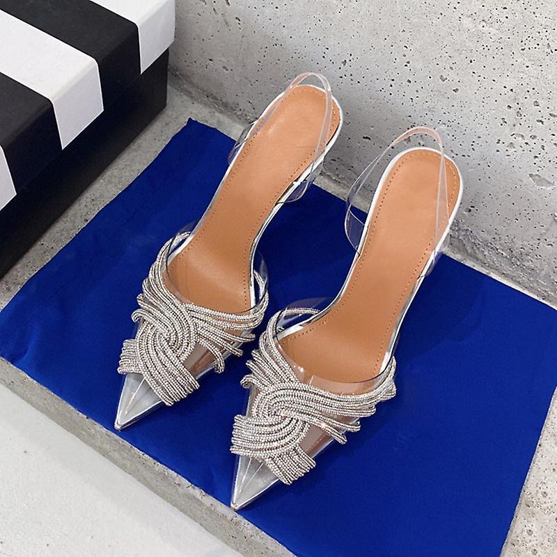 Yosicl Brand 10cm Thin High Heels Women Sandals Fashion Transparent Pvc Rhinestone Slingbacks Gladiator Sandals Summer Party Prom Shoes Silver 35