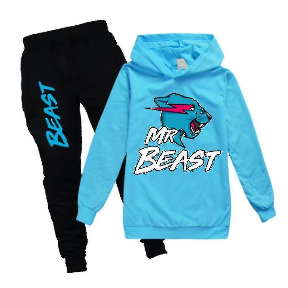 Mike 7-14 Years Kids Boys Girls Mr Beast Lightning Cat Casual Hoodies+pants Suit Tracksuit Outfits Sets Gifts Light Blue 13-14 Years