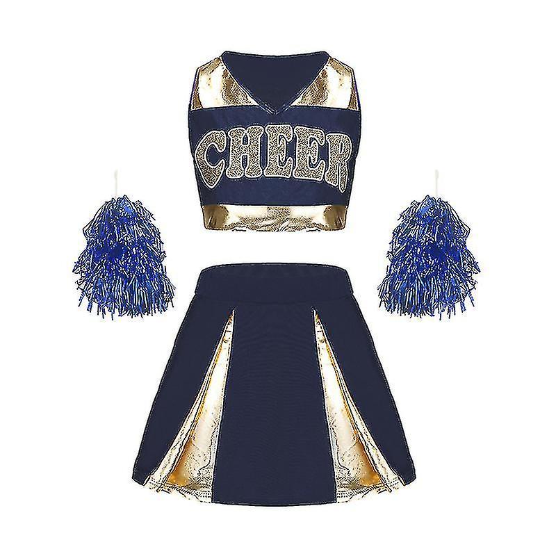 Womens Cheerleader Costume Uniform Fancy Dress And Pom Poms WHBYV Navy L