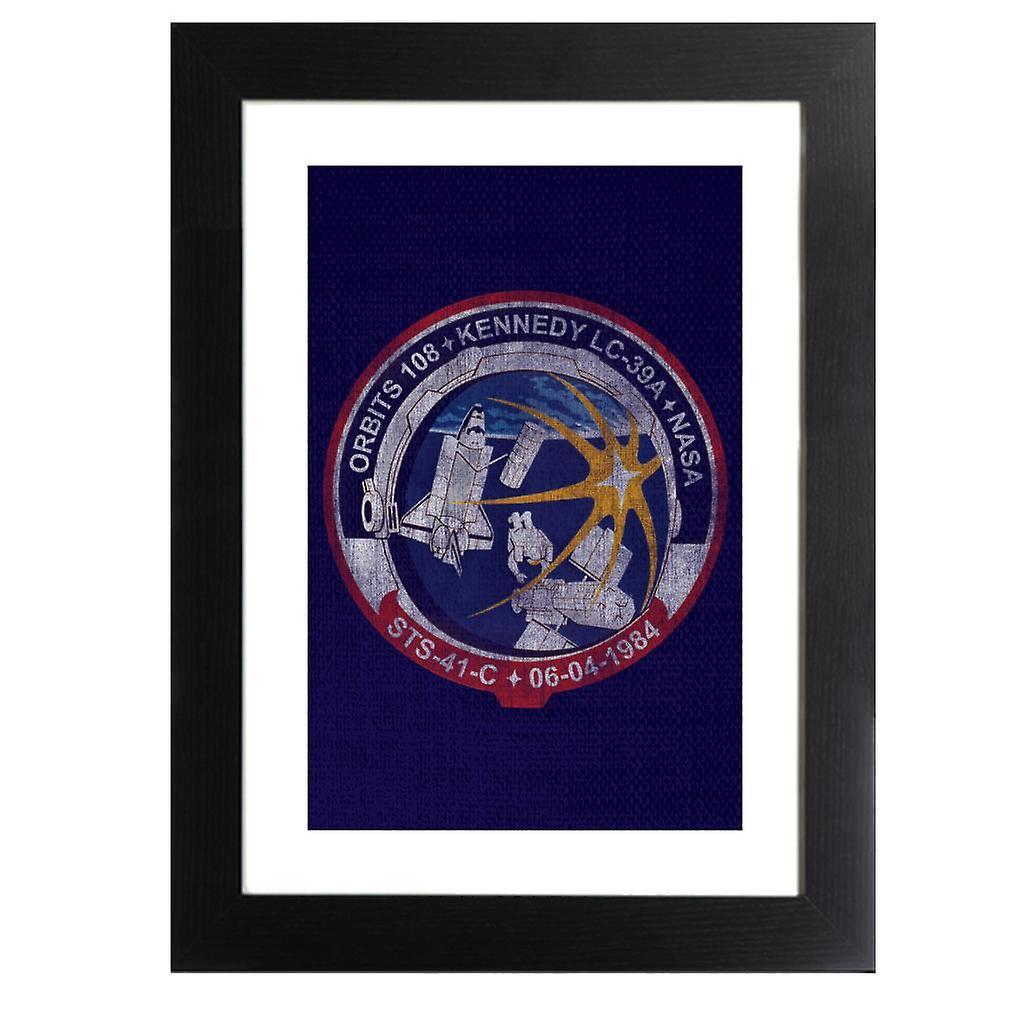 NASA STS 41 C Challenger Mission Badge Distressed Framed Print Navy Blue 39 x 52 cm