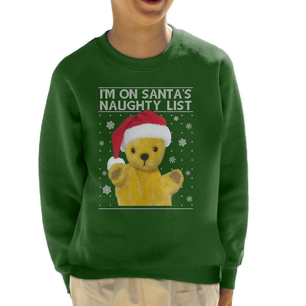 Sooty Christmas Im On Santas Naughty List Kid's Sweatshirt Bottle Green X-Large (12-13 yrs)