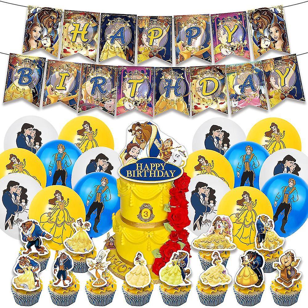 Beauty and the Beast Themed Happy Birthday Party Supplies Kit Banner Balloons Cake Cupcake Toppers Decoration Set WHBYV