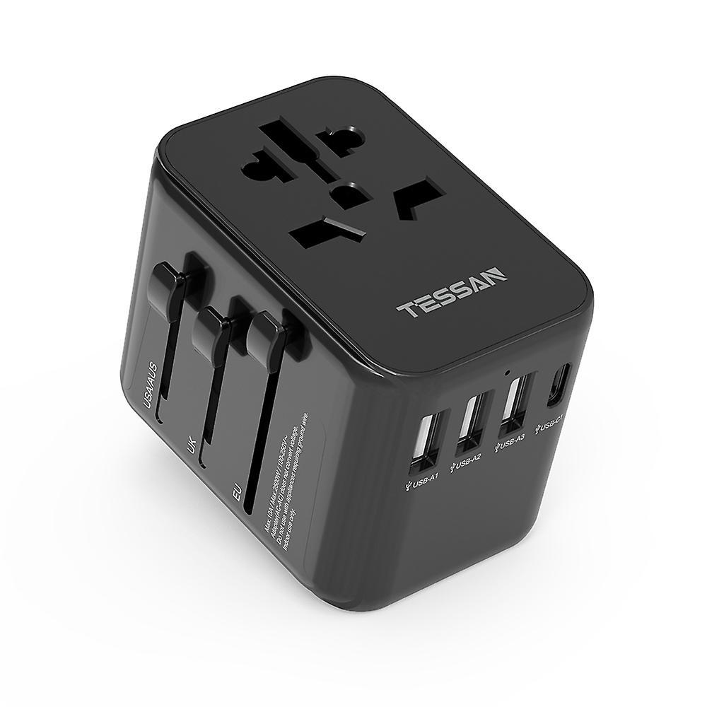 Tessan Universal Travel Adapter, International Plug Adapter With 1 USB-C Ports And 3 USB-A Ports, Travel Adapter Worldwide For USA/UK/EU/AUS Black