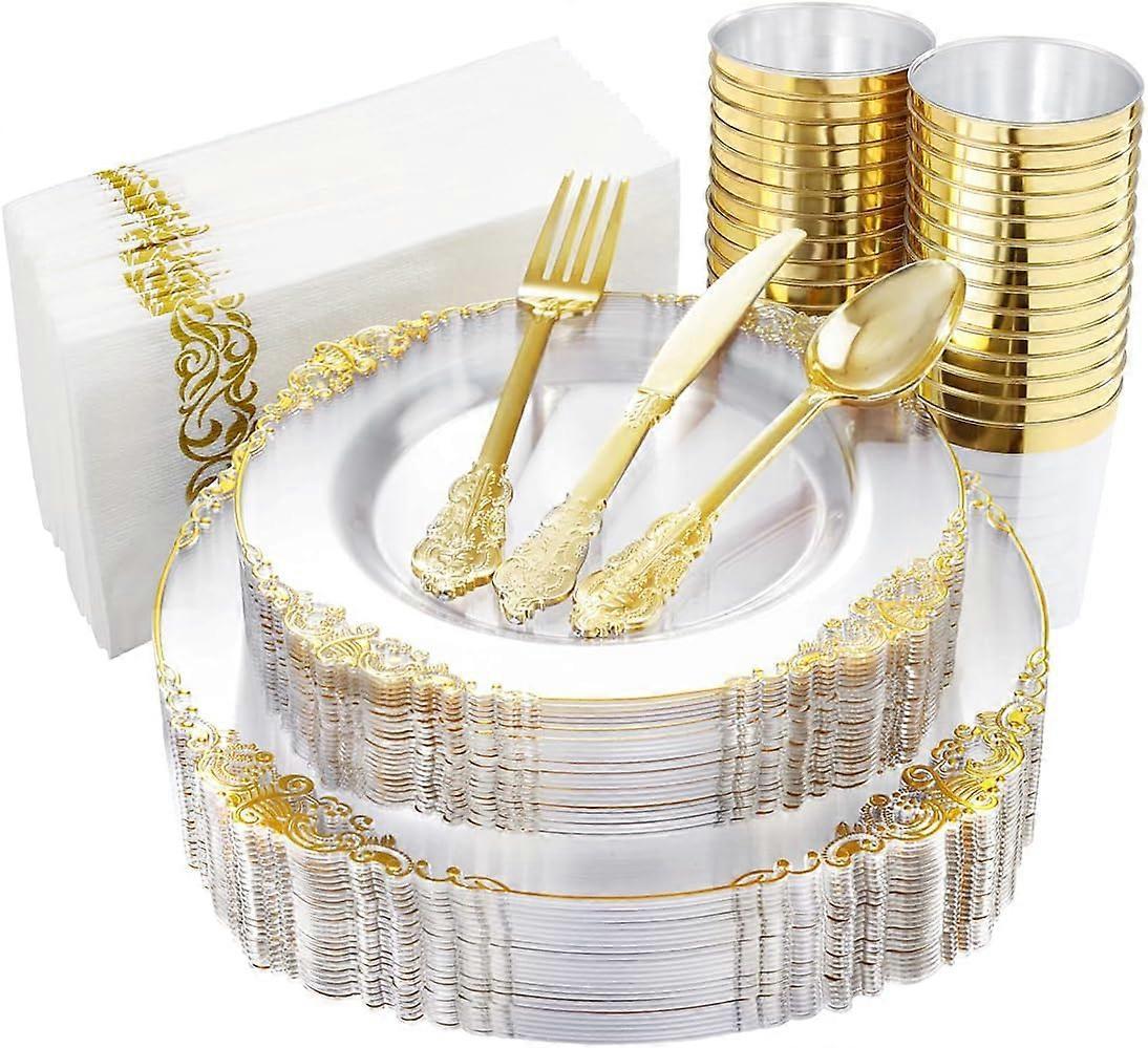 Heyone 175 Clear Gold Plastic Plates - Gold Disposable Plates for 25 Guests, 25 Dessert Plates, 25 Cups, 25 Forks, 25 Knives, 25 Spoons