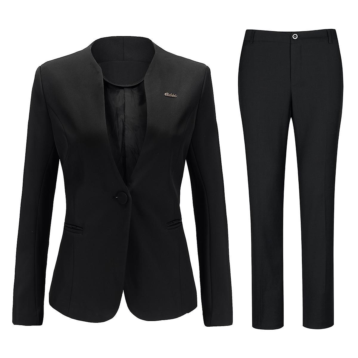 Allthemen Womens 2-Piece Professional Office Lady Collarless Business Suit (Blazer + Pants) Black XL