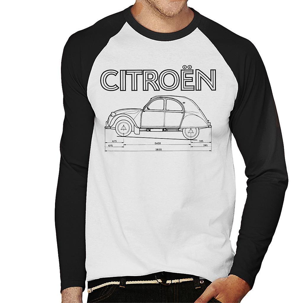 Citro�n Citroen 2CV Dimensions Black Diagram Men's Baseball Long Sleeved T-Shirt White/Black Medium