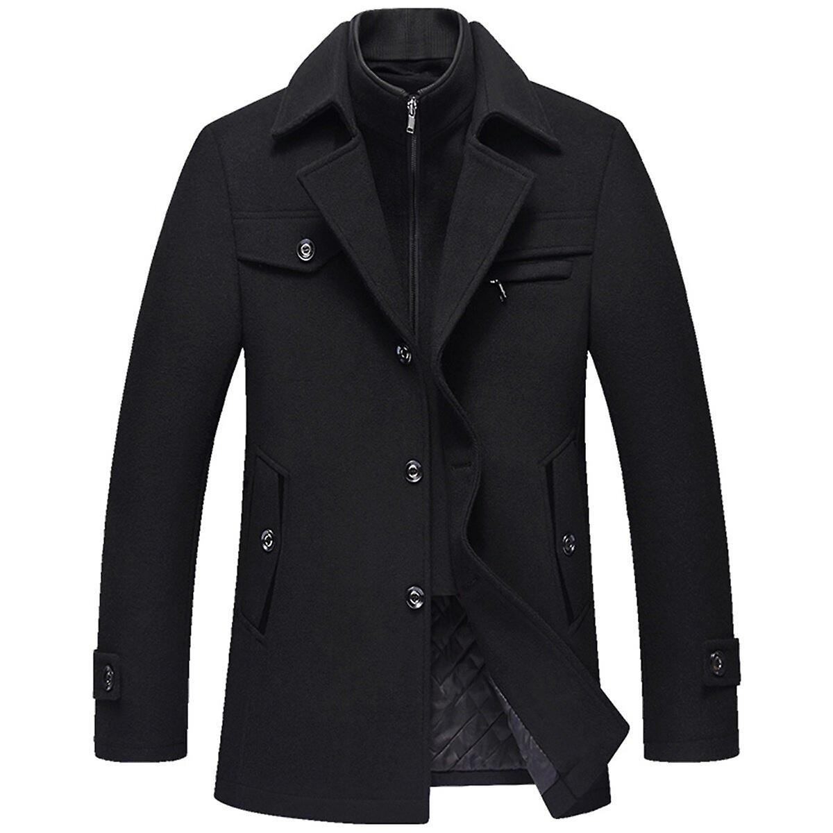 Allthemen Mens Solid Lapel Thickened Wool Overcoat Black L