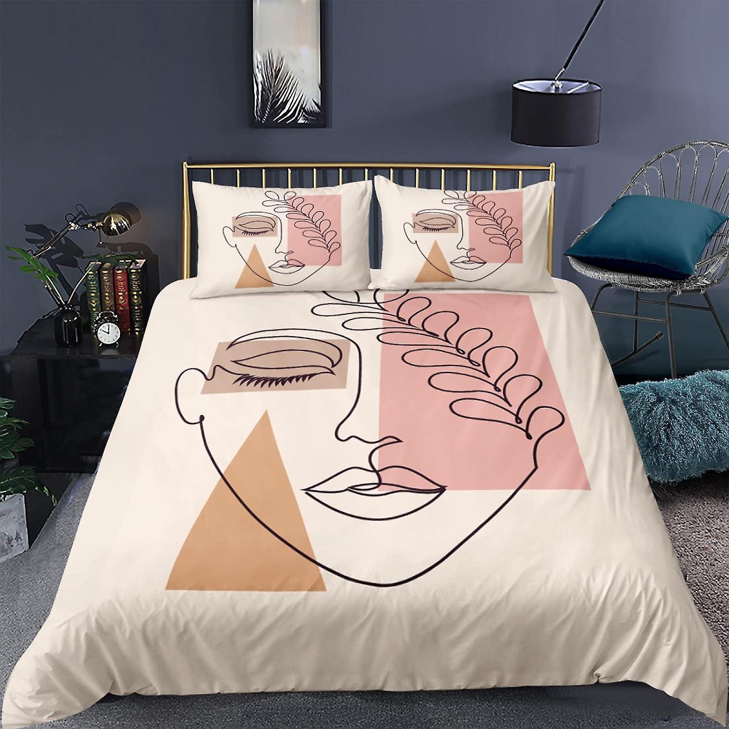 Kerota Light Beige Duvet Cover Setscm Abstract Human Face Microfiber Bedding Set with Pillowcases, with Zipper Closure 135*200 CM King220x240cm