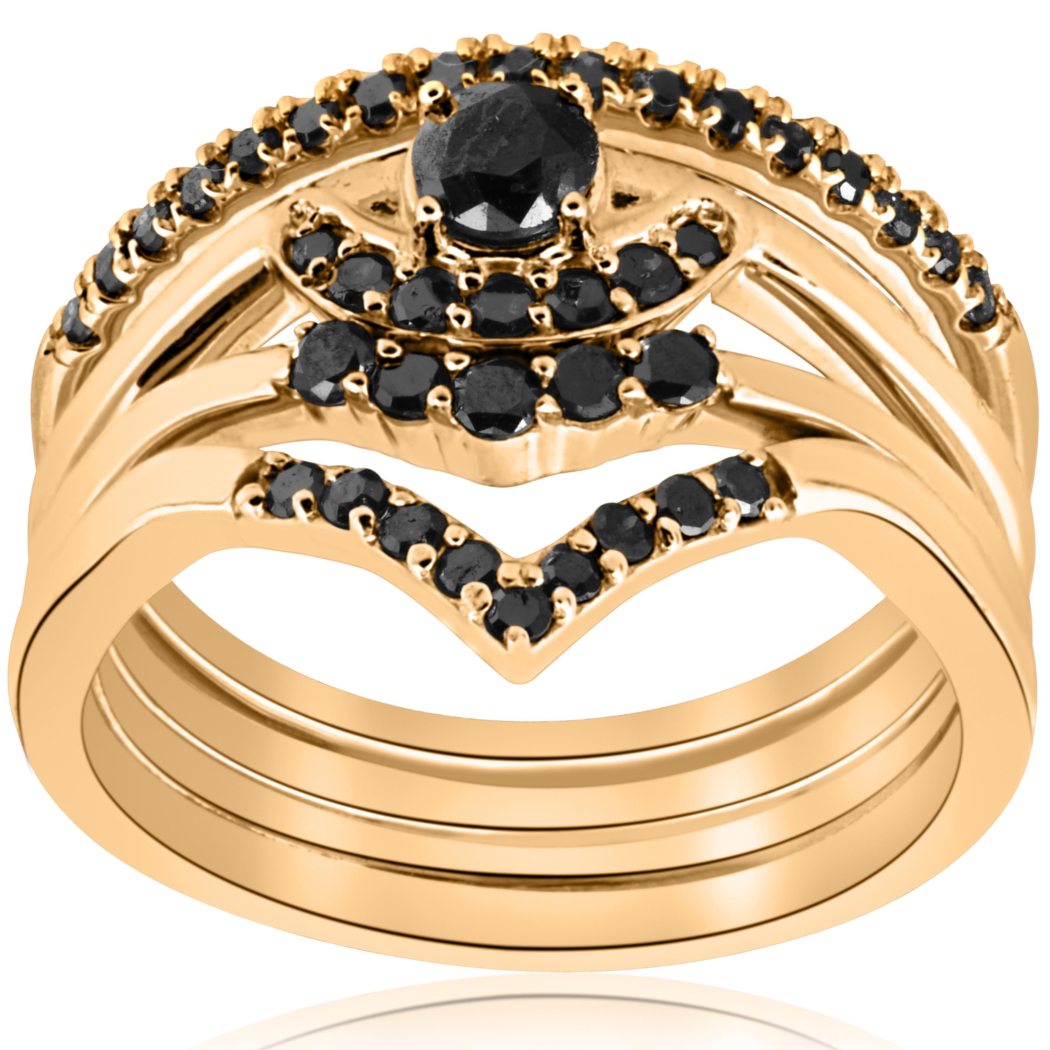 Pompeii3 1/2ct 4-Ring Stackable Yellow Gold Black Diamond Curved Wedding Engagement Set 4.5