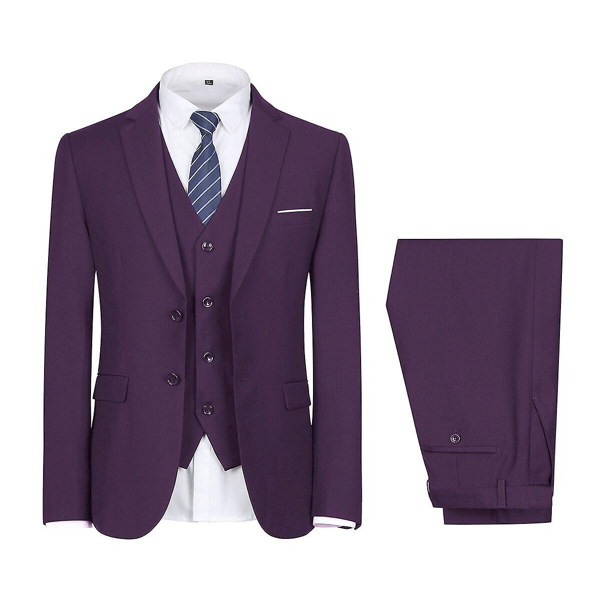 Allthemen Mens Suit for Wedding Party Dinner 3-Piece Business Suit Blazer Vest Pants 9 Colors Purple L