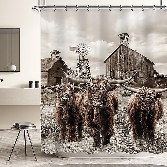 Farmhouse Highland Cow Shower Curtains Sets For Bathroom Accessories Polyester  With 12 Hooks