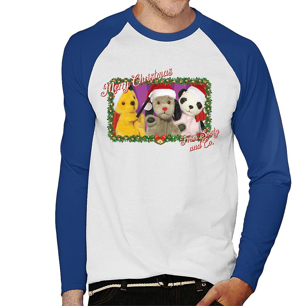 Sooty Christmas Merry Xmas From Sooty And Co Men's Baseball Long Sleeved T-Shirt White/Royal X-Large