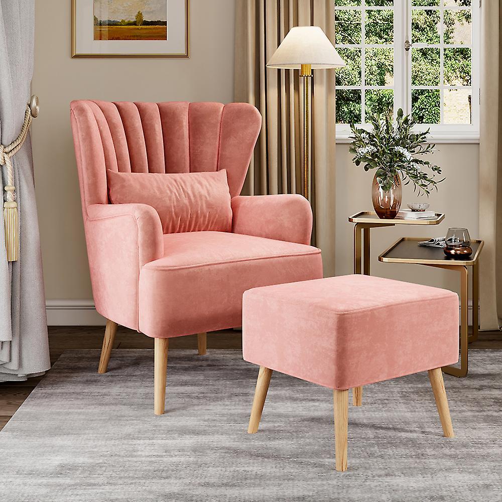 Living And Home Contemporary Curved Back Single Armchair with Lumbar Pillow and Footstool - Pink