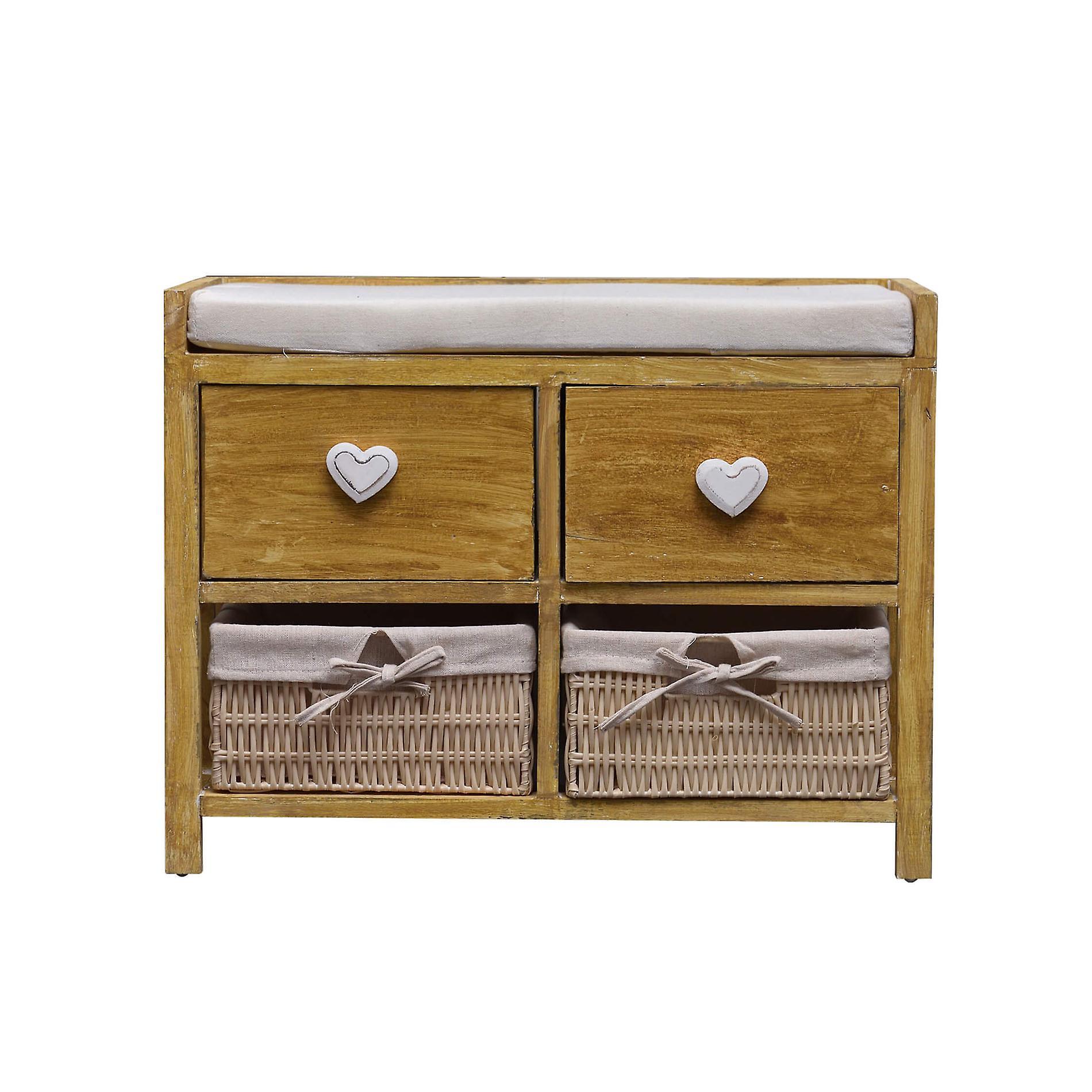 Mobili Rebecca Rebecca Furniture Bench 2 Drawers 2 Wicker Baskets Beige Wood Shabby 46x60x30