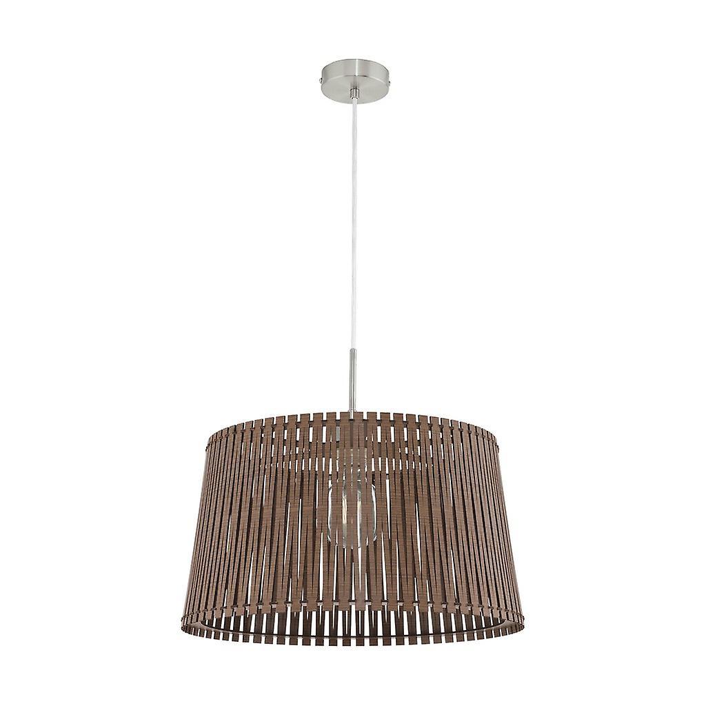 Eglo Lighting Sendero 1 Light Ceiling Pendant Satin Nickel with Dark Brown Wood Shade, E27