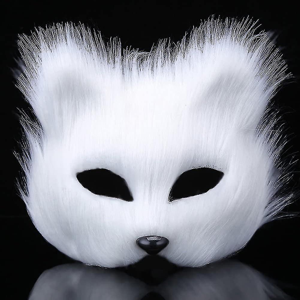 Unbrand White Fox Face Mask, With Atificial Fox Fur For Masquerade Halloween Theme Party