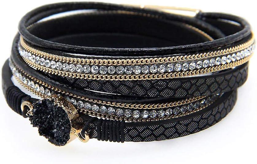 Heyone Leather Wrap Bracelets For Women, Boho Leopard Multi-layer Crystal Beads Cuff Bracelet Jewelry