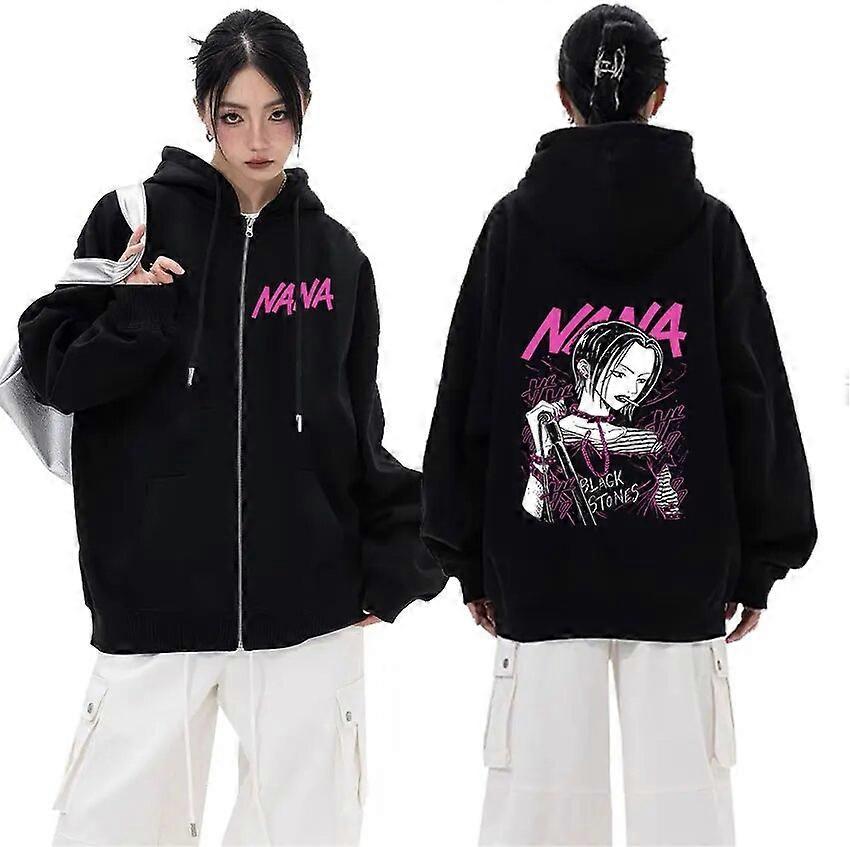 Redkid Anime Nana Osaki Zipper Hoody Men Women Casual Long Sleeve Fashion Jacket Zip Up Sweatshirt Pullover Oversized Hoodie Streetwear Black L