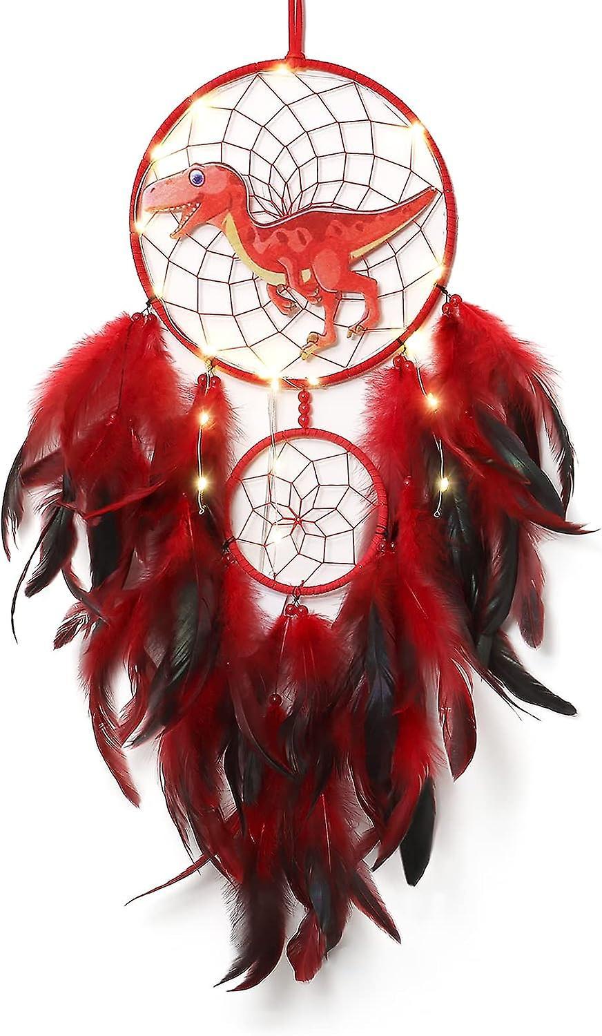 Frusde Dinosaur Dream Catchers For Boys Girls, Dream Catcher Light Wall Decor Feather Wall Hanging Dino Dream Catcher Kids Gift Red With light