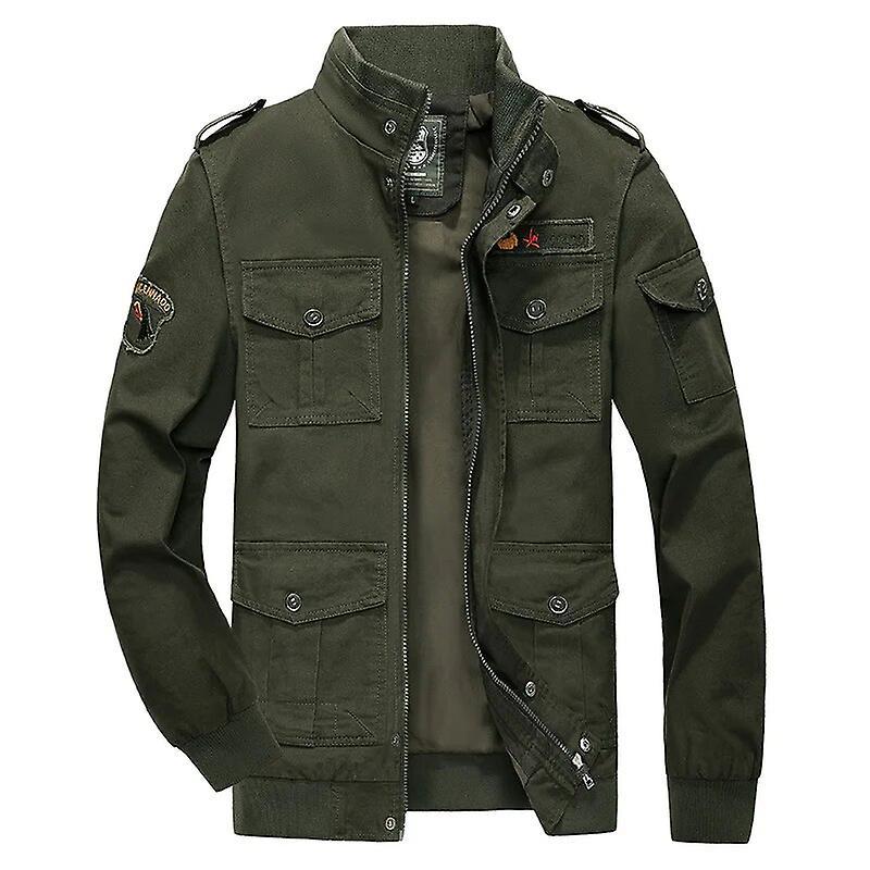 Cciyu Men Cotton Jacket Spring New Fashion Windbreaker Military Bomber Jacket Autumn Mens Stand Collar Slim Tooling Jacket Coat Male Green M 50-60KG