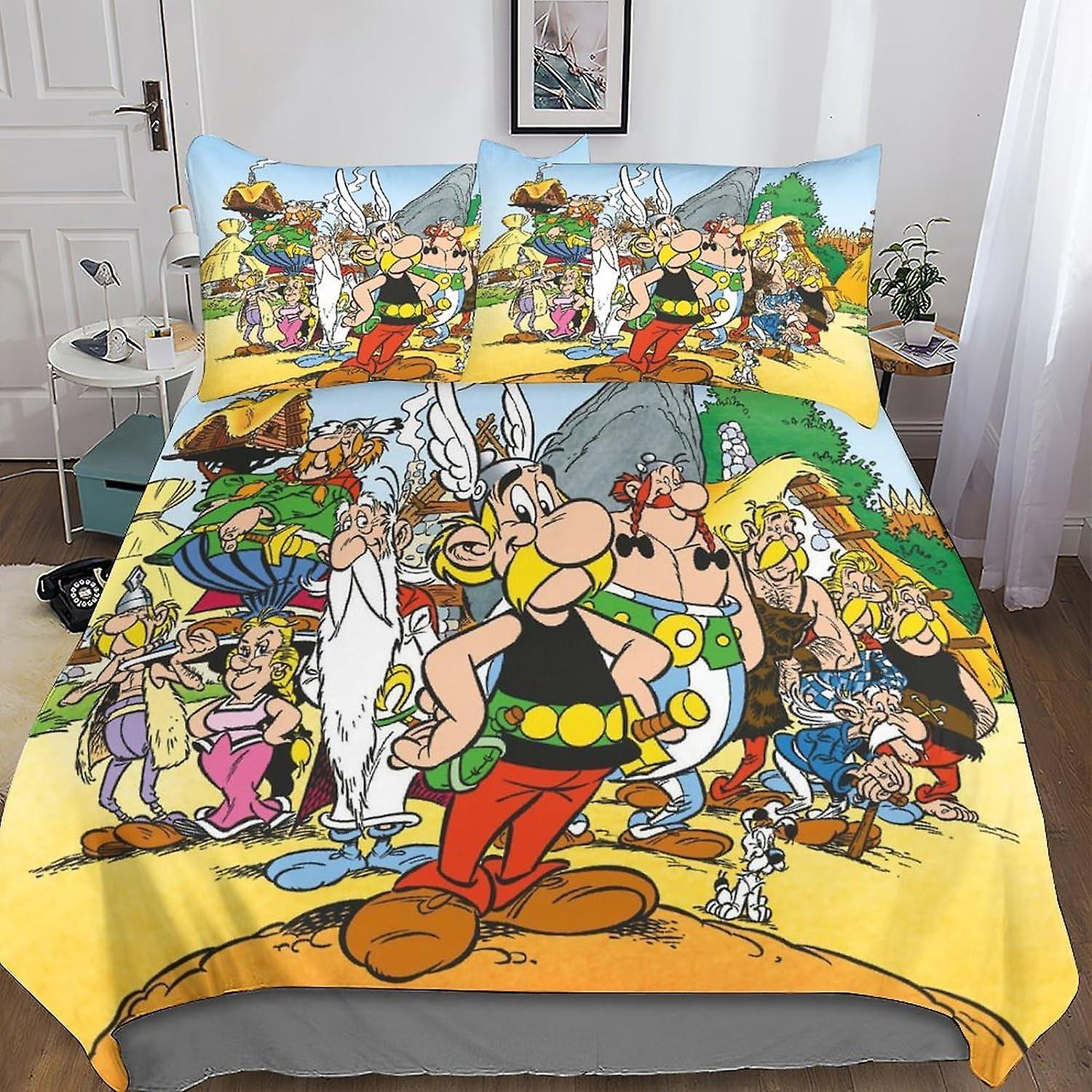 Kerota 3D Asterix Bedding Set for Boys and Teens Cute Anime Duvet Cover, Microfiber Quilt Cover with Zipper Closure 3 Pcs Double Pillowcases Single...