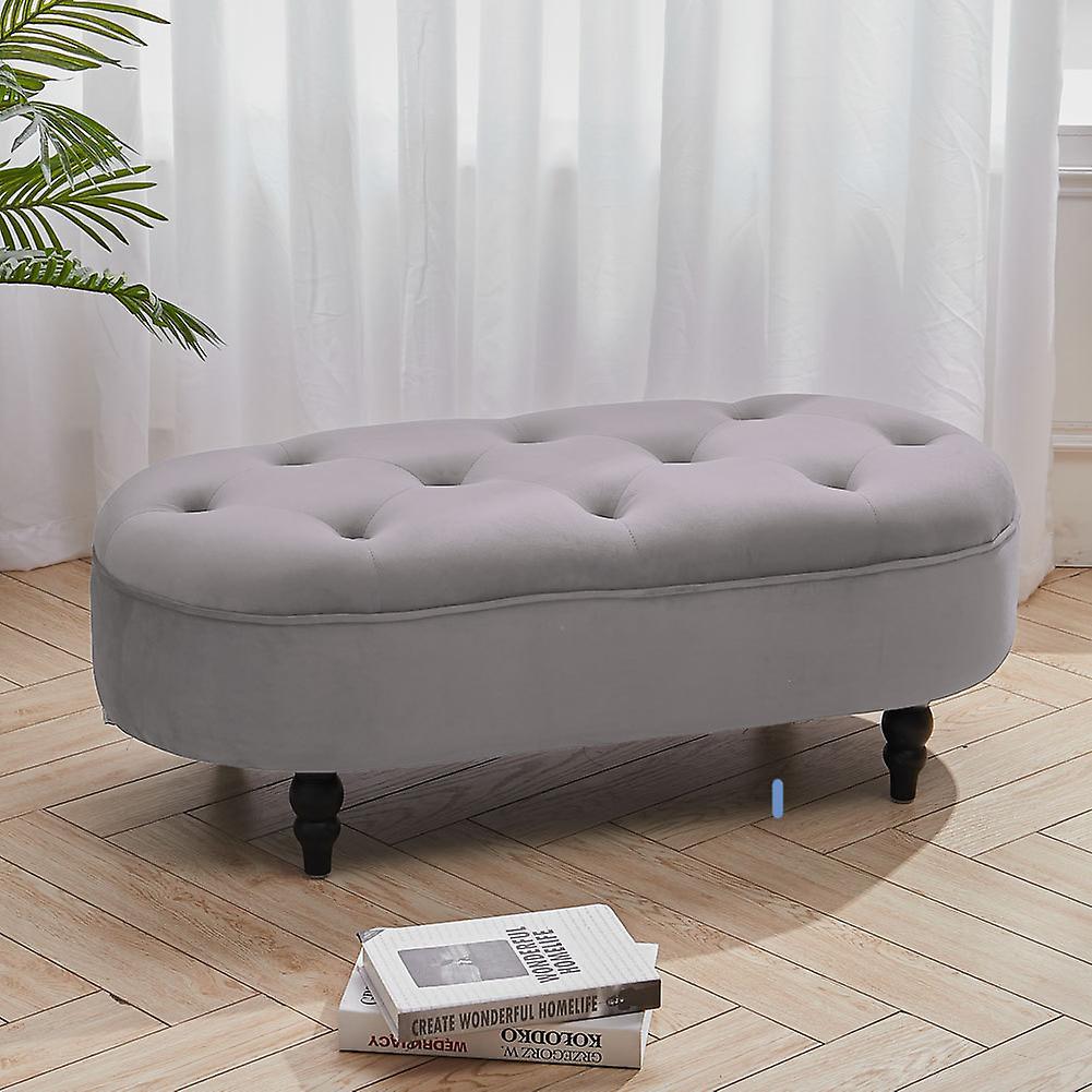 Living And Home 100cm Ottoman Bench Oval Velvet Footstool Ottoman with Wooden Gourd-shape Legs Grey