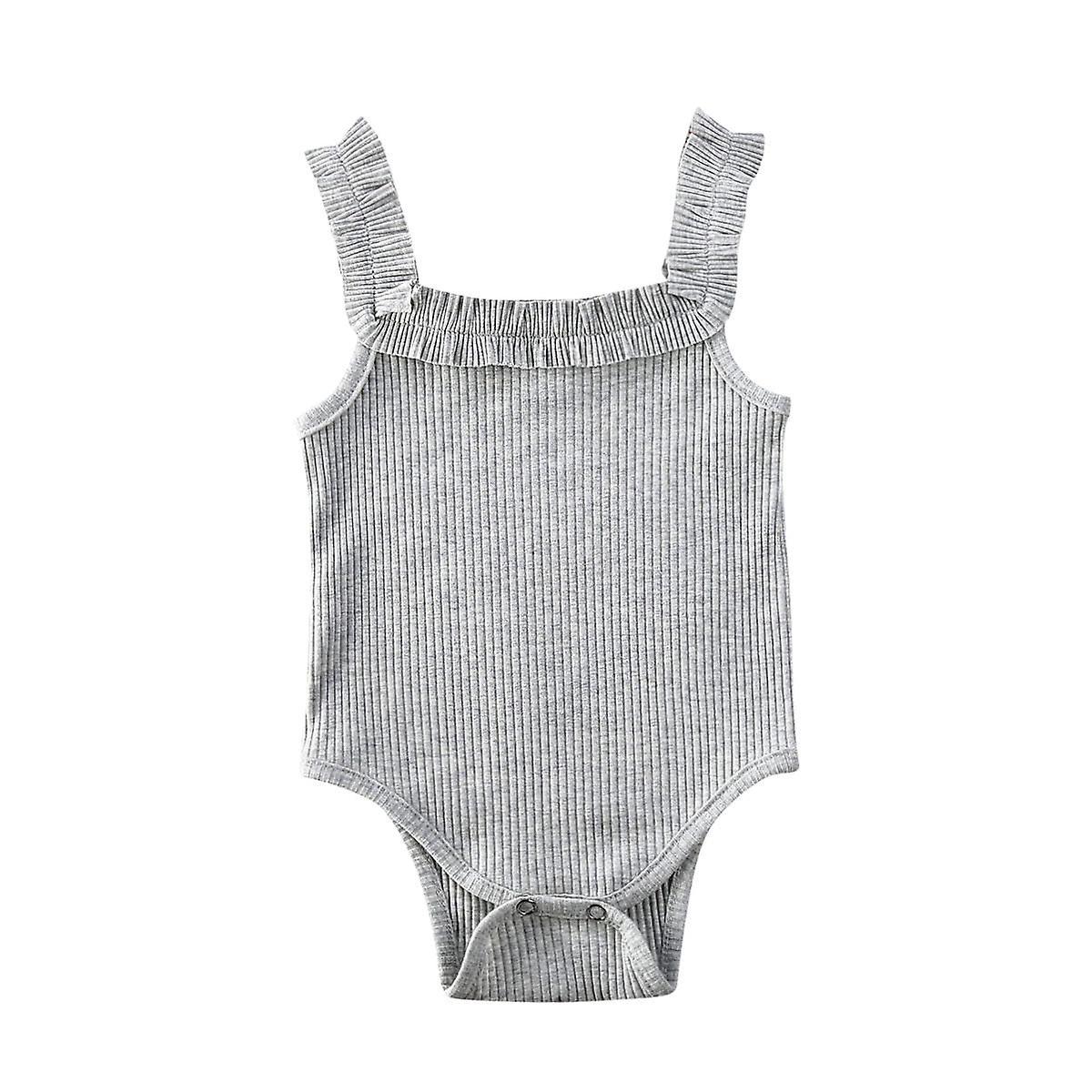 Slowmoose Baby Summer Clothing, Newborn Sleeveless Cotton Bodysuit, Ribbed Ruffled Gray 24M