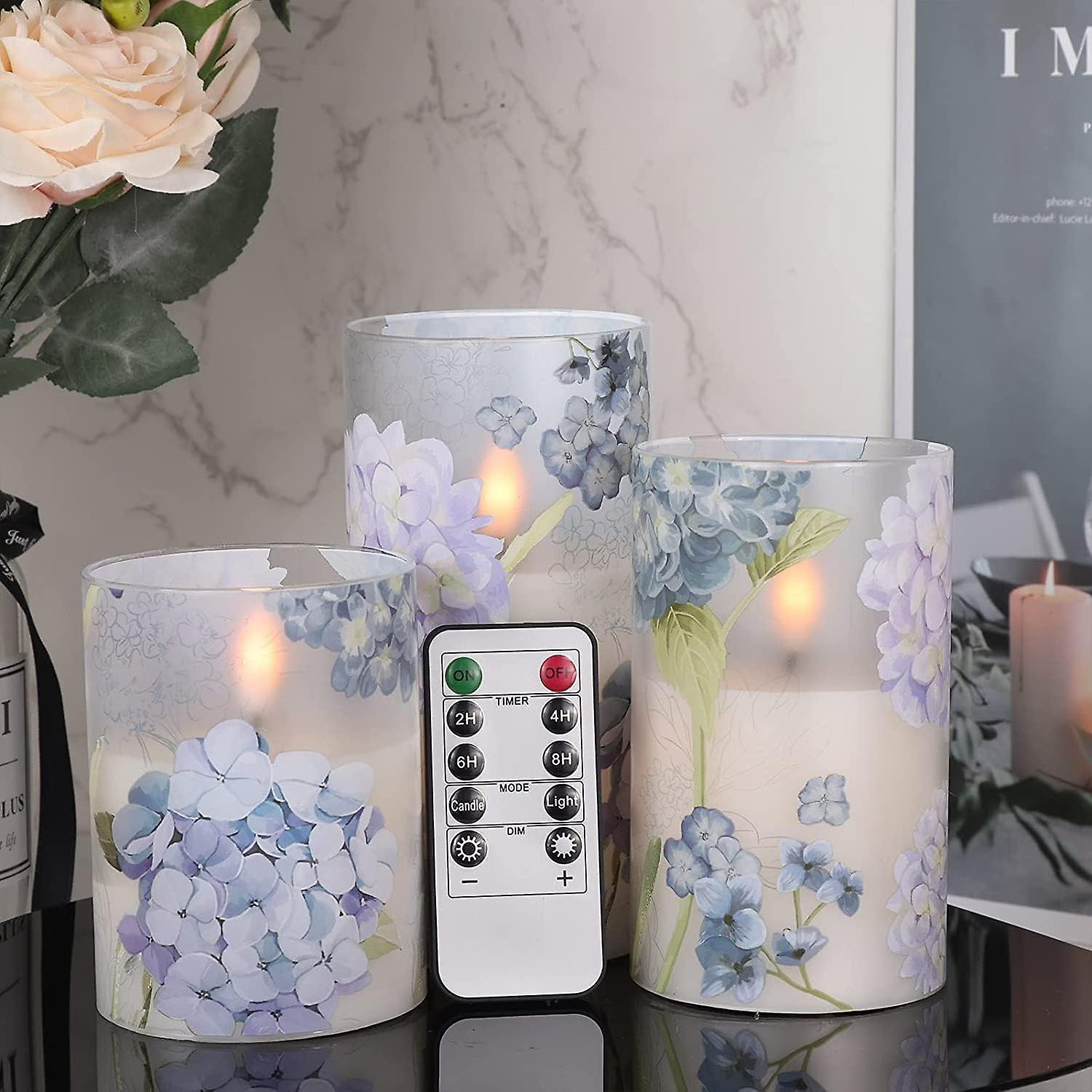 Veny Hydrangea Glass LED Candles Flickering with Remote - Flameless Battery Candles