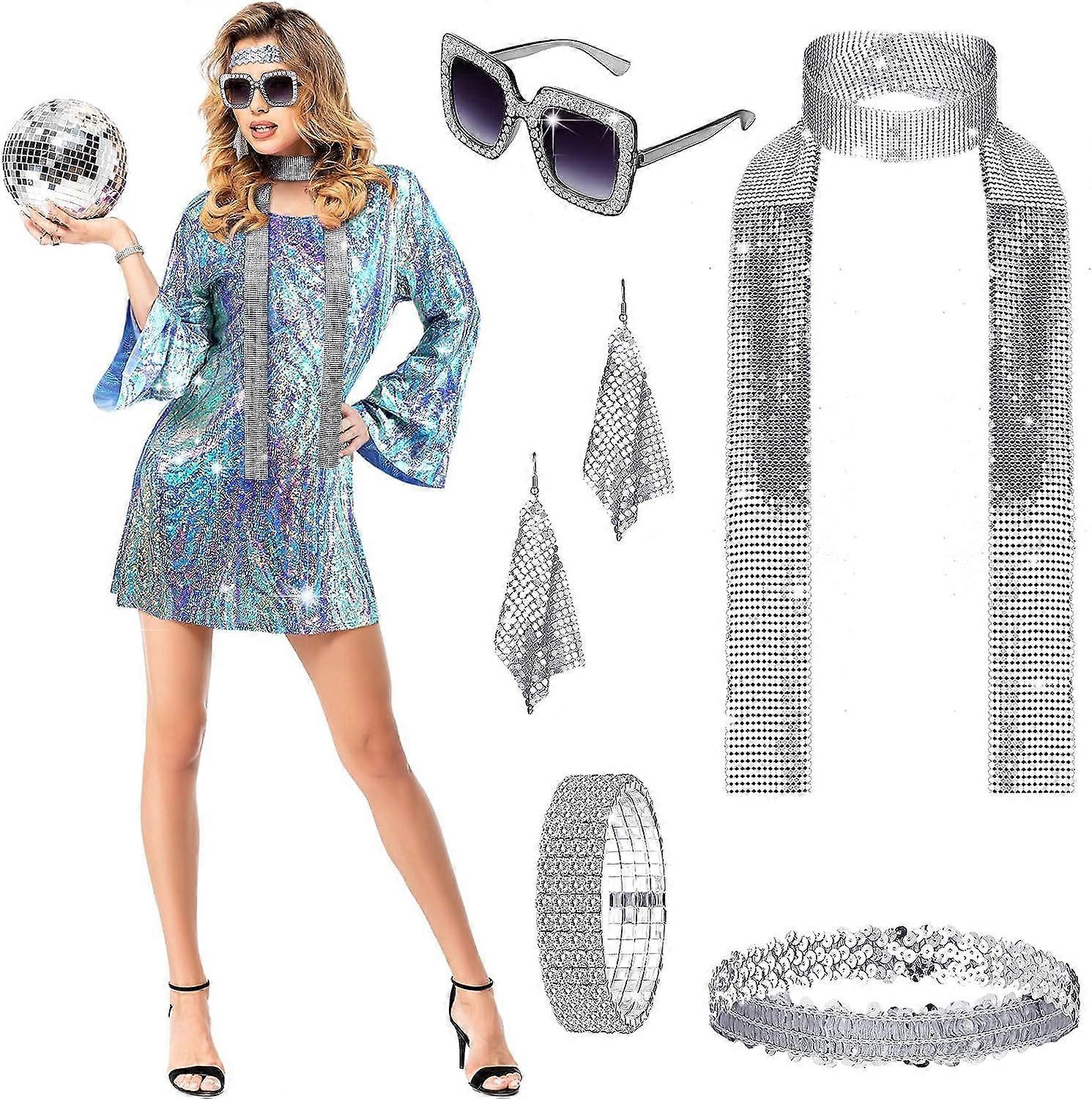 Morakot 6 Pcs Disco Women Costume Outfit and Accessories Set 70s Dress Sequin Scarf Bracelet Earrings Headband Sunglasses Blue Purple X Large