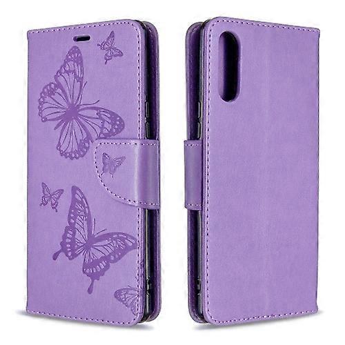 Goodcase For Sony Xperia L4 Two Butterflies Embossing Pattern Horizontal Flip Leather Case Purple