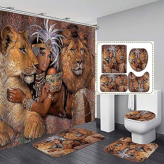 Shower Curtains Lion African Woman Shower Curtain Set Waterproof Bathroom Decor Accessories 1 Curtain And 3 Rugs With 12 Hooks