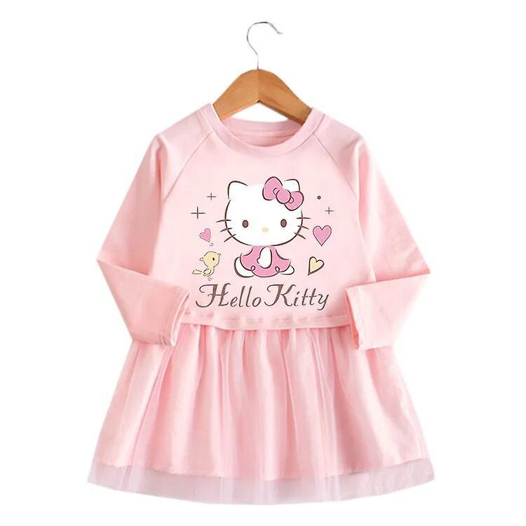 Aionyaaa Sanrio Anime Kawaii Hello Kitty New Girls Dress Baby Western Style Princess Dress Cartoon Long Sleeve Mesh Skirt Children's Gift 130cm pink