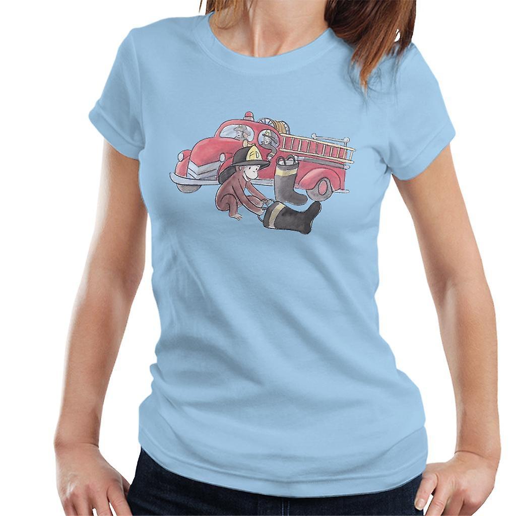 Curious George Balloon Fire Department Truck Women's T-Shirt Sky Blue Medium