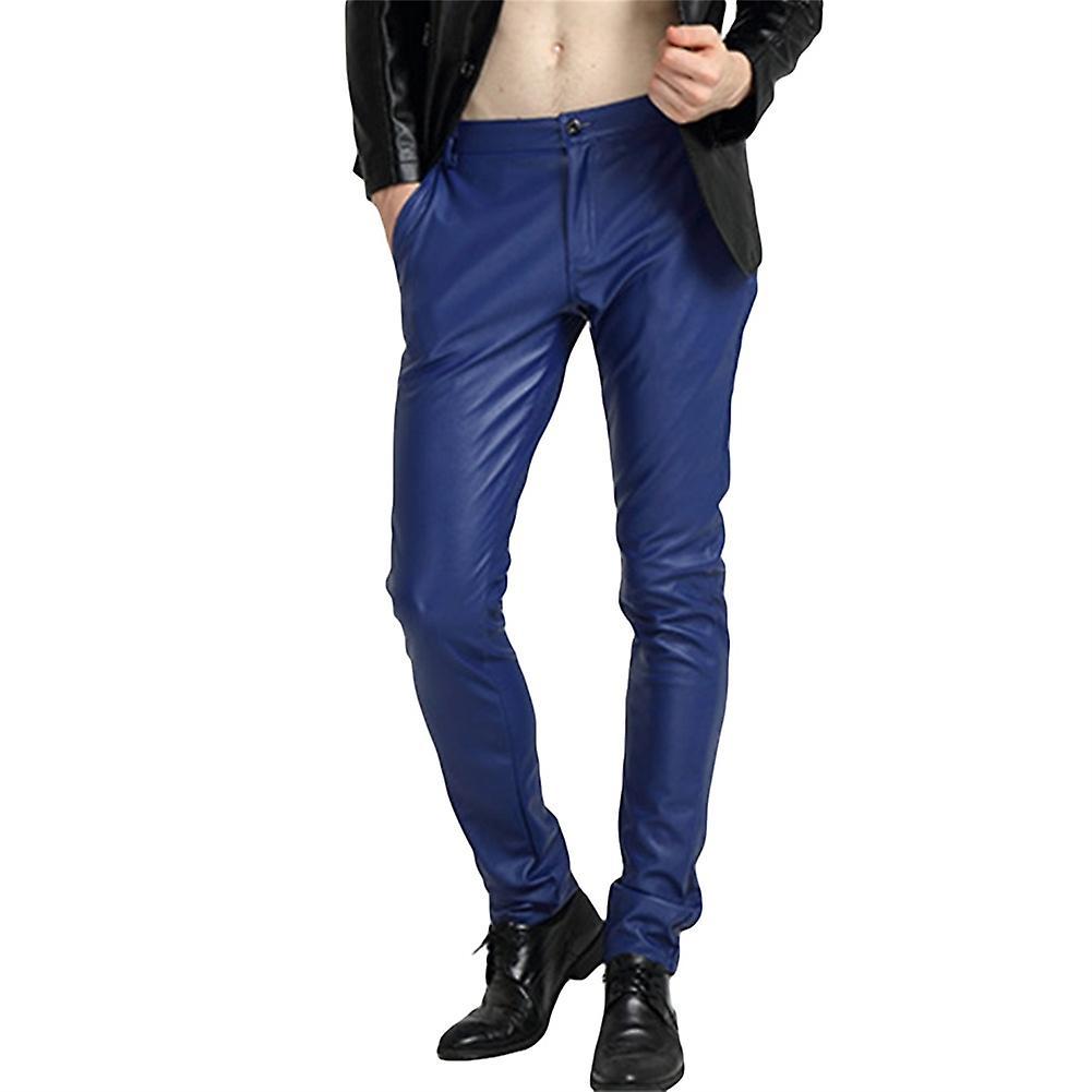 Allthemen Mens Straight Mid-Waist Solid Thick Leather Pants Blue EU 29