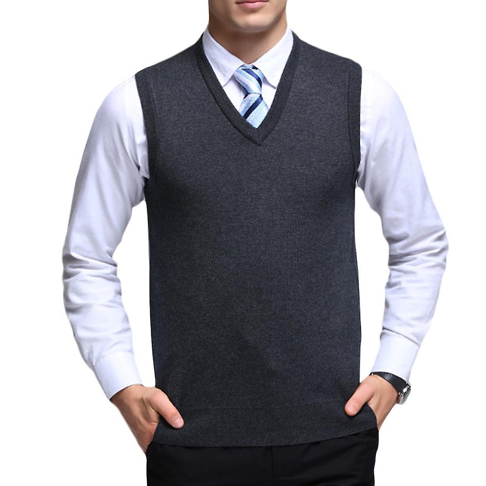 Allthemen Mens Casual Autumn V-neck Solid Knitted Waistcoat Dark Gray S