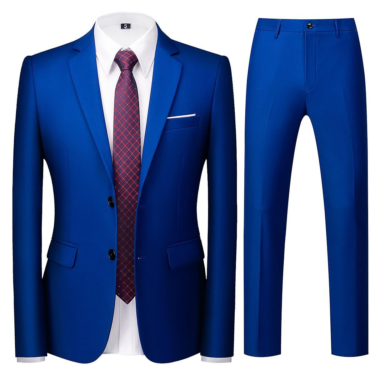 Allthemen Men's Suit 2-Piece Slim Fit Single Breasted Two Button Suits Wedding Business Blazer Trousers Blue L