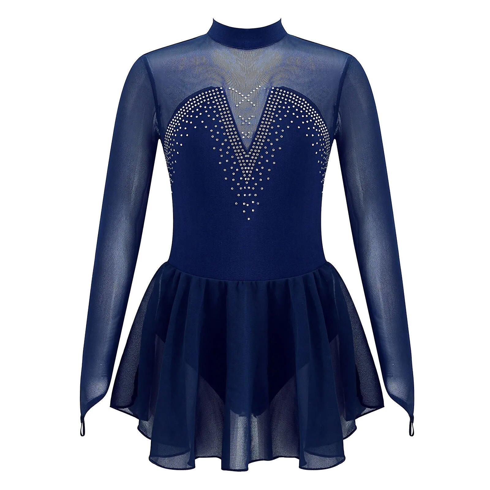 Aionyaaa Kids Teens Ballet Gymnastics Leotard Dress Sparkly Rhinestone Figure Ice Roller Skating Dress Dancing Costume Girls Dance Wear 12 Navy Blue