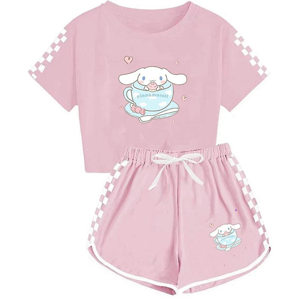 Ochime 5-14 Years Kids Teens Girls Boys Cinnamoroll Printed Short Sleeve T-shirts+shorts Sports Outfits Set New Year Gifts Pink 9-10 Years