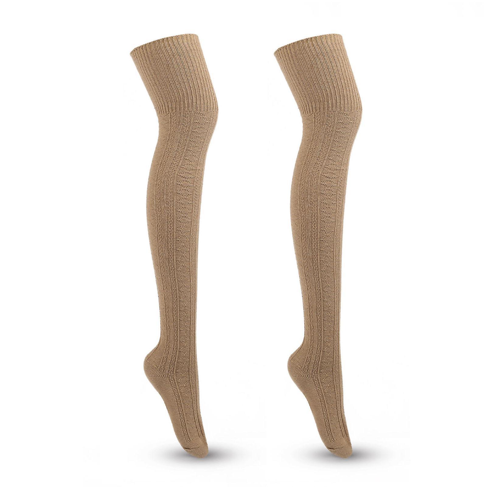 Tuelaly 1Pair Women Stockings Lengthened Breathable Cotton Over Knee Thigh Socks for Lady Khaki