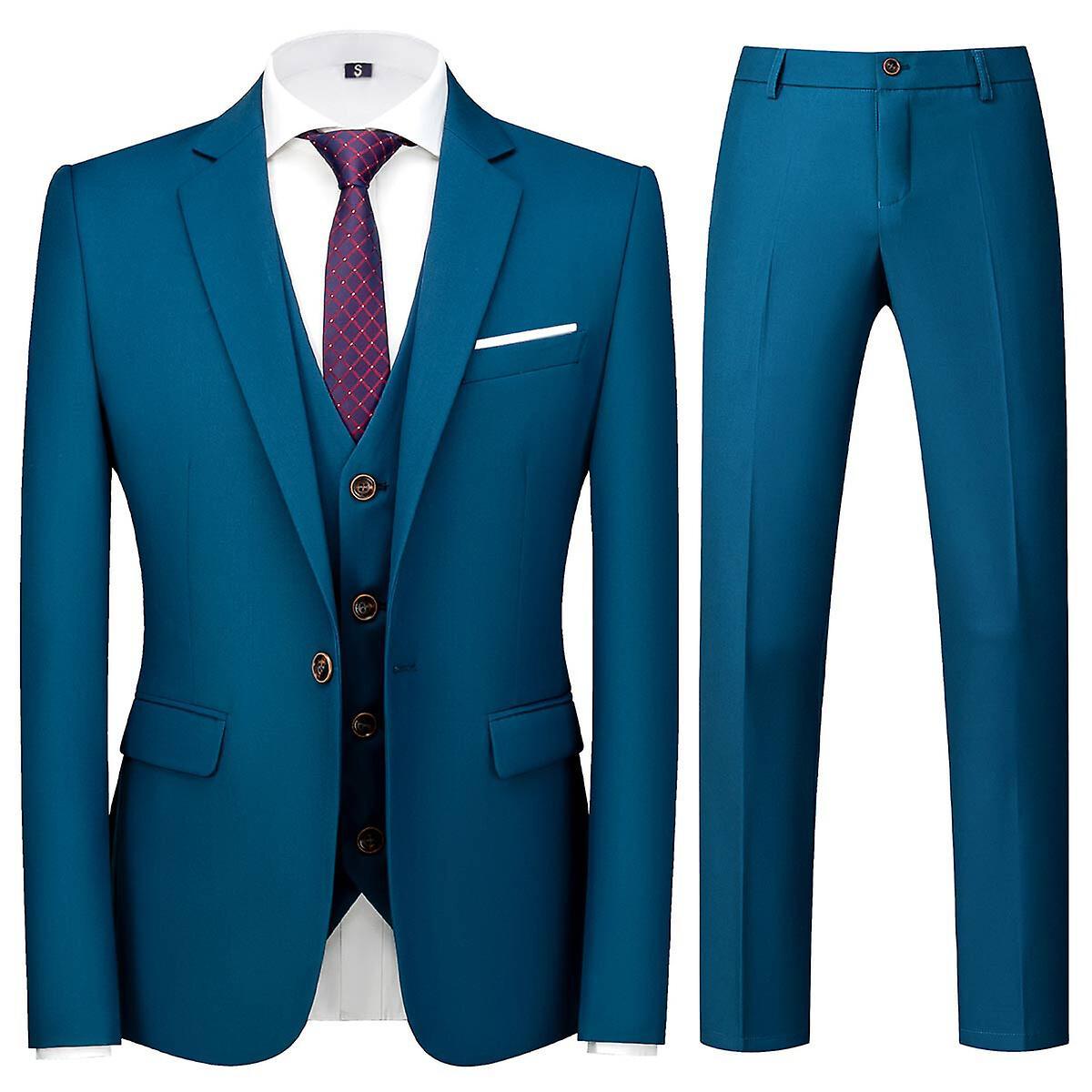 Allthemen Men's Suit 3-Piece Slim Fit One Button Suits Wedding Business Jacket Vest Trousers Lake Blue M