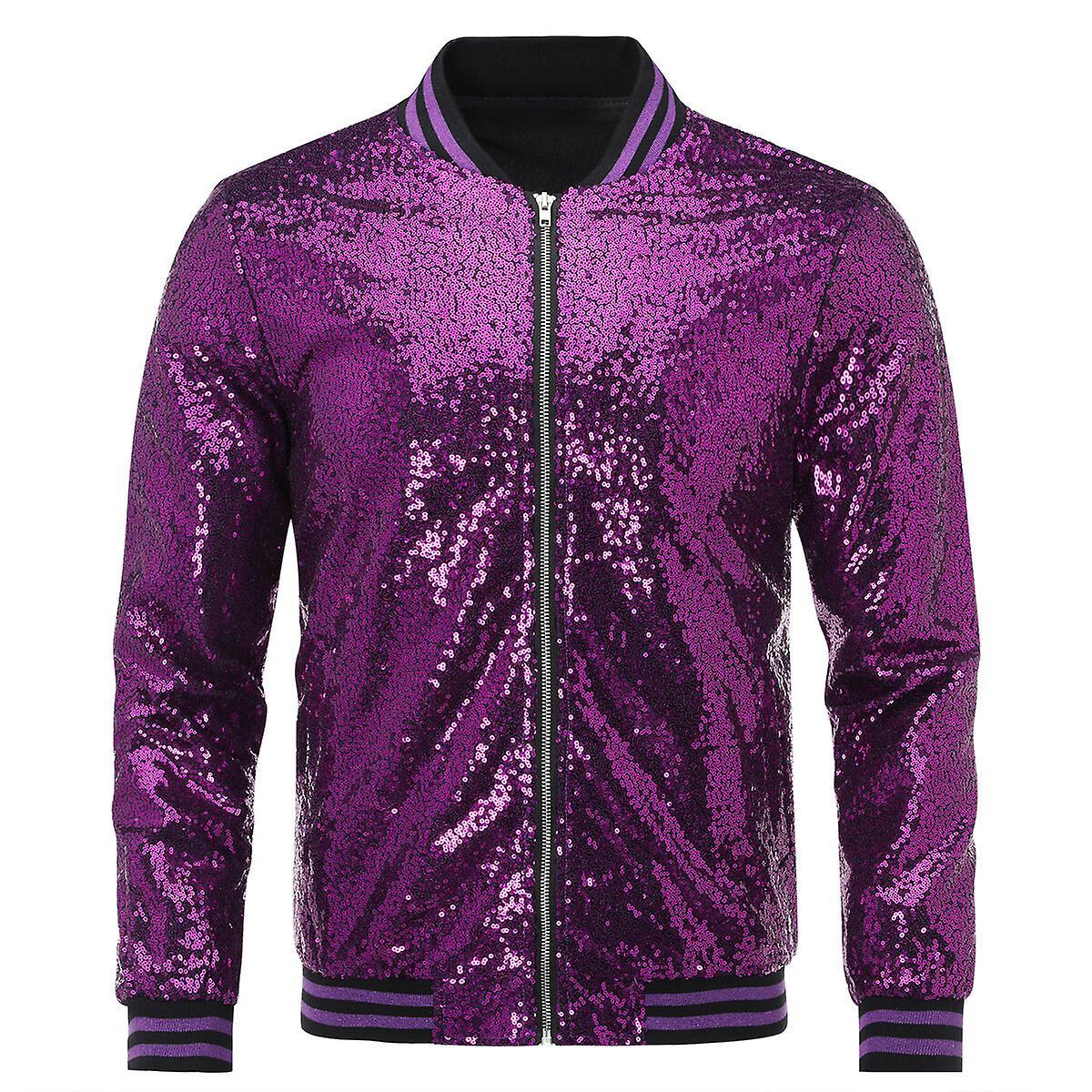 Allthemen Mens Sequins Casual Zipper Party Bomber Jacket Purple M