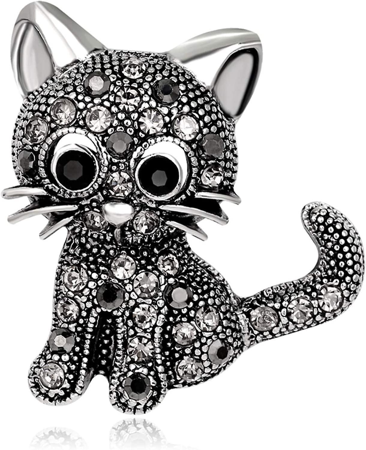 Heytea Brooch Pin, Vintage Women Girls Lovely Cat Kitten Rhinestone Collar Brooch Pin Gift For Women Girls Party Jewelry Black