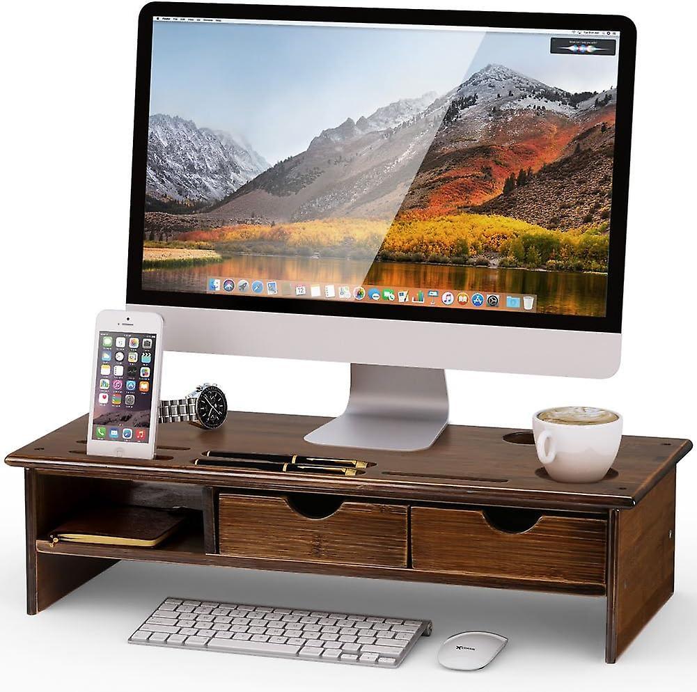 Ssrg Monitor Stand Riser with Storage Organizer Drawers BambooRetro Brown